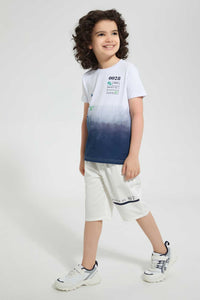 Redtag-White/Navy-Ombre-T-Shirt-And-Short-Set-Sets-Boys-2 to 8 Years