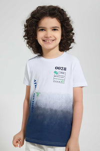 Redtag-White/Navy-Ombre-T-Shirt-And-Short-Set-Sets-Boys-2 to 8 Years