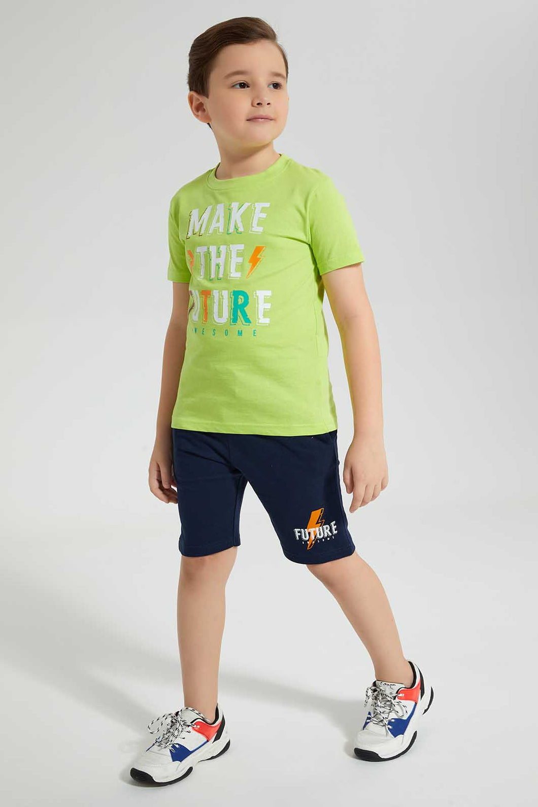 Redtag-Green-Future-Print-T-Shirt-And-Short-Set-Sets-Boys-2 to 8 Years
