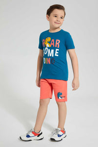 Redtag-Navy-Roarsome-Print-T-Shirt-And-Short-Set-Sets-Boys-2 to 8 Years