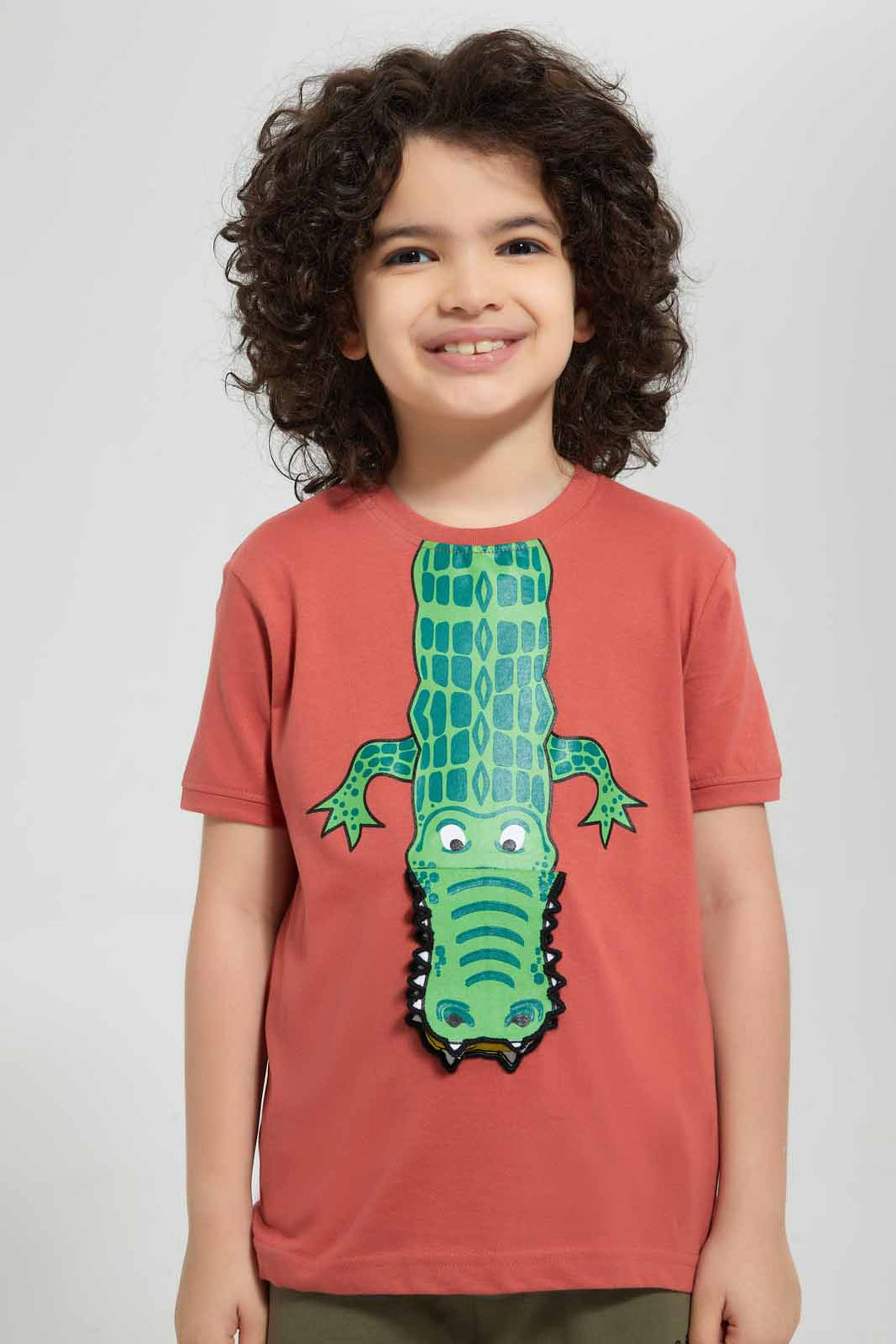 Redtag-Brown-Flap-Hippo-Print-T-Shirt-Graphic-T-Shirts-Boys-2 to 8 Years