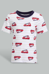 Redtag-Truck-Blue-And-White-Printed-Pj-Set-Short-(4-Pack)-Pyjama-Sets-Infant-Boys-3 to 24 Months