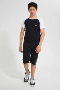 Redtag-Black-Raglan-T-Shirt-Embellished-T-Shirts-Senior-Boys-9 to 14 Years
