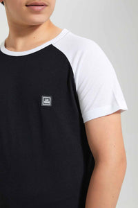 Redtag-Black-Raglan-T-Shirt-Embellished-T-Shirts-Senior-Boys-9 to 14 Years