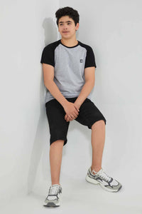 Redtag-Grey-Melange-Raglan-T-Shirt-Embellished-T-Shirts-Senior-Boys-9 to 14 Years