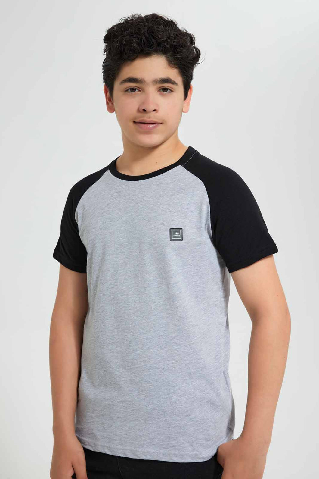 Redtag-Grey-Melange-Raglan-T-Shirt-Embellished-T-Shirts-Senior-Boys-9 to 14 Years