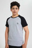 Redtag-Grey-Melange-Raglan-T-Shirt-Embellished-T-Shirts-Senior-Boys-9 to 14 Years