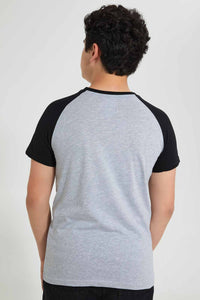 Redtag-Grey-Melange-Raglan-T-Shirt-Embellished-T-Shirts-Senior-Boys-9 to 14 Years