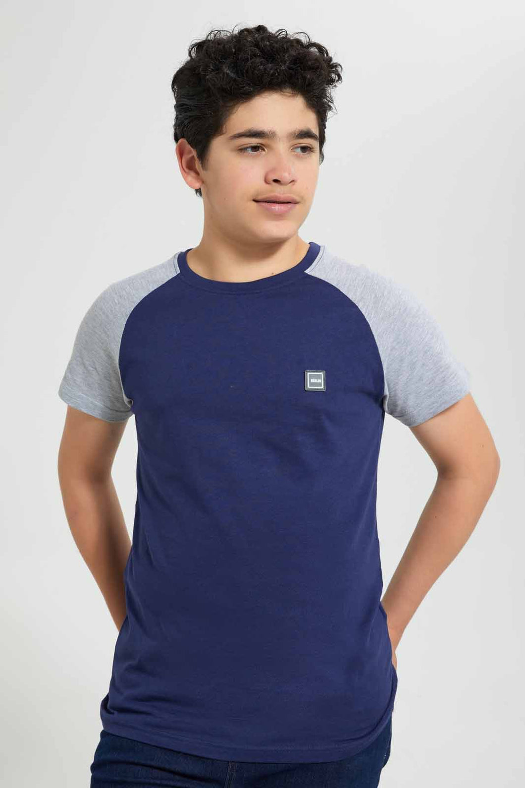 Redtag-Navy-Raglan-T-Shirt-Embellished-T-Shirts-Senior-Boys-9 to 14 Years