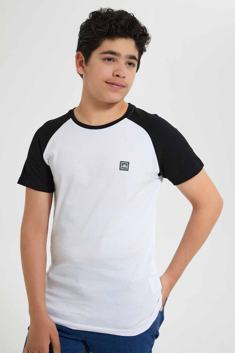 Redtag-White-Raglan-T-Shirt-Embellished-T-Shirts-Senior-Boys-9 to 14 Years