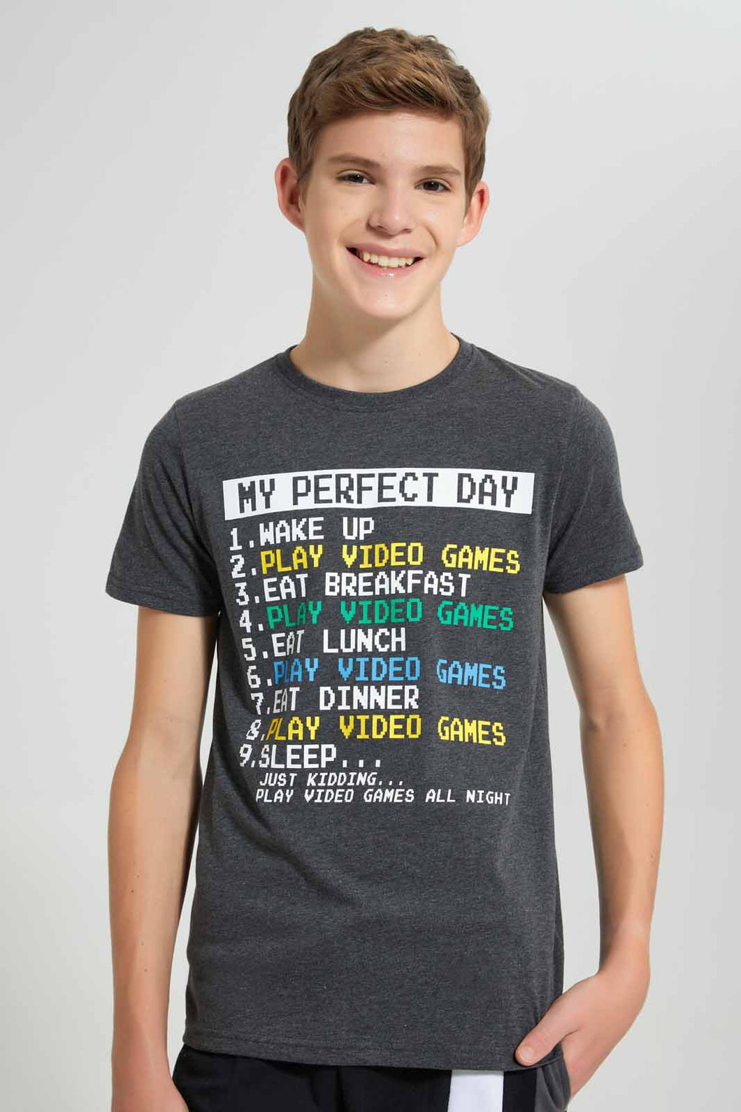 Redtag-Charcoal-Perfect-Day-T-Shirt-Graphic-T-Shirts-Senior-Boys-9 to 14 Years