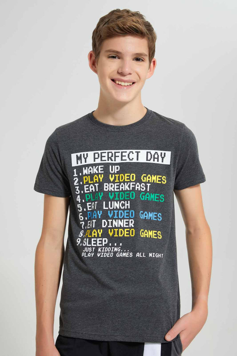 Redtag-Charcoal-Perfect-Day-T-Shirt-Graphic-T-Shirts-Senior-Boys-9 to 14 Years