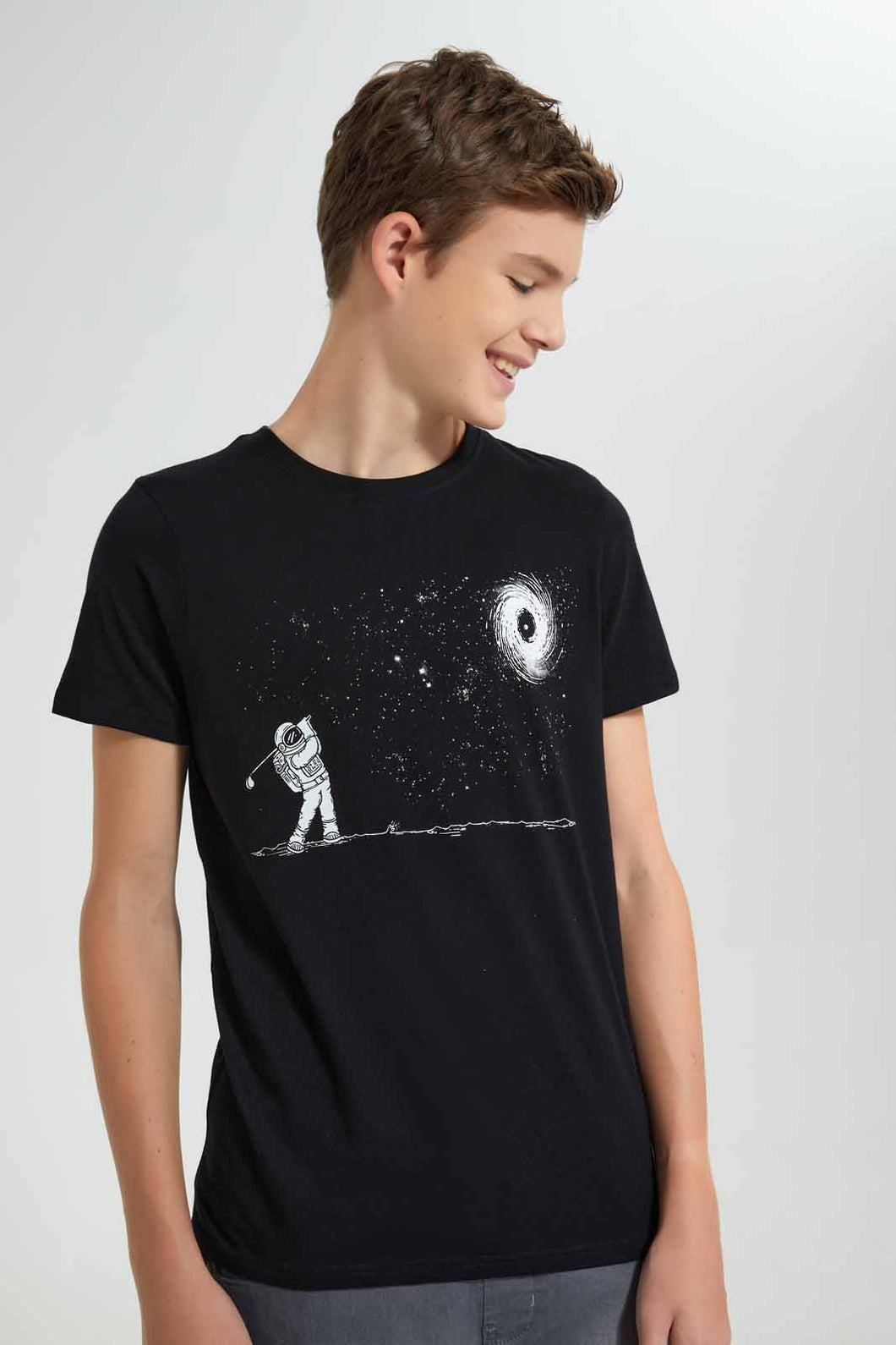 Redtag-Black-Space-Golf-T-Shirt-Graphic-T-Shirts-Senior-Boys-9 to 14 Years