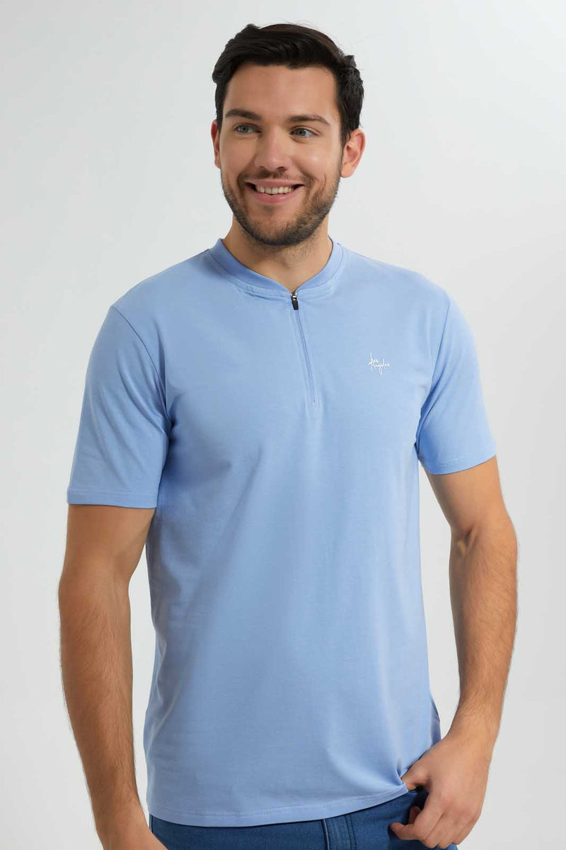 Redtag-Blue-Zip-Placket-Polo-Shirt-Polo-Shirts-Men's-