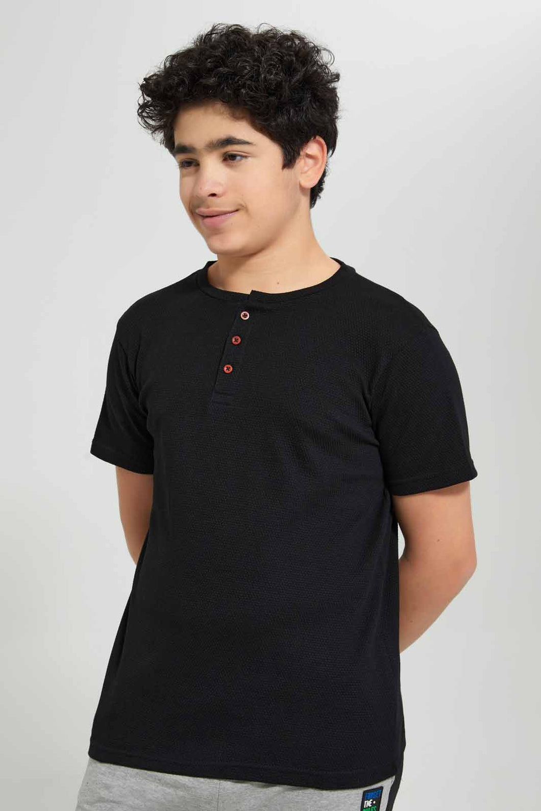 Redtag-Black-Jacquard-Henley-T-Shirt-Henley-T-Shirts-Senior-Boys-9 to 14 Years