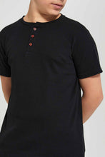 Load image into Gallery viewer, Redtag-Black-Jacquard-Henley-T-Shirt-Henley-T-Shirts-Senior-Boys-9 to 14 Years
