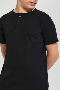 Redtag-Black-Jacquard-Henley-T-Shirt-Henley-T-Shirts-Senior-Boys-9 to 14 Years