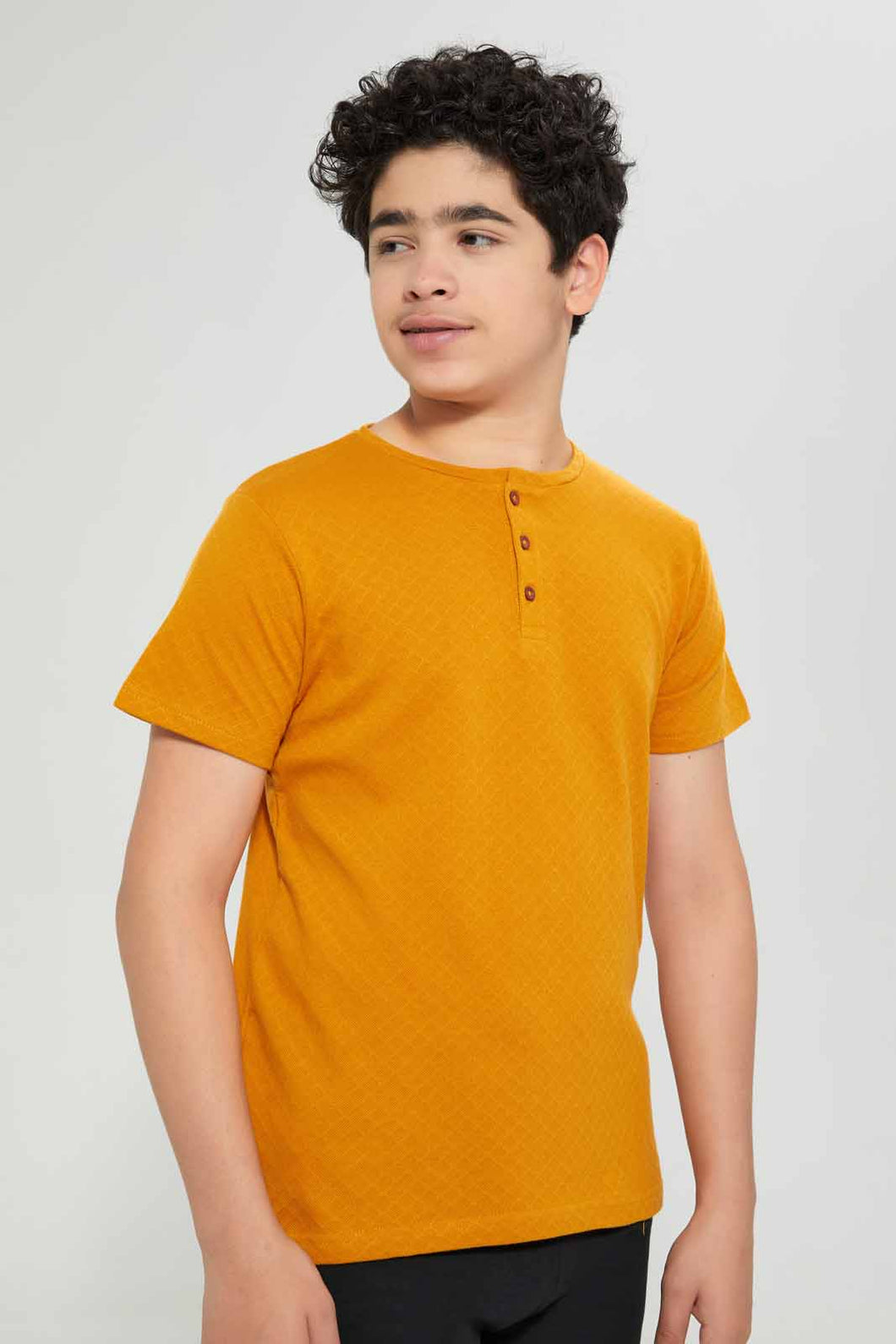 Redtag-Yellow-Jacquard-Henley-T-Shirt-Henley-T-Shirts-Senior-Boys-9 to 14 Years