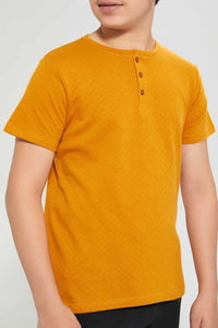 Redtag-Yellow-Jacquard-Henley-T-Shirt-Henley-T-Shirts-Senior-Boys-9 to 14 Years