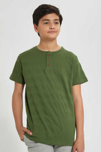 Load image into Gallery viewer, Redtag-Olive-Jacquard-Henley-T-Shirt-Henley-T-Shirts-Senior-Boys-9 to 14 Years
