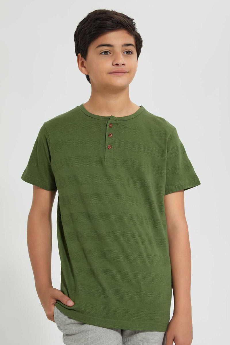 Redtag-Olive-Jacquard-Henley-T-Shirt-Henley-T-Shirts-Senior-Boys-9 to 14 Years