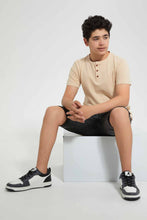 تنزيل الصورة على معرض الصور، Redtag-Beige-Jacquard-Henley-T-Shirt-Henley-T-Shirts-Senior-Boys-9 to 14 Years
