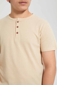 Redtag-Beige-Jacquard-Henley-T-Shirt-Henley-T-Shirts-Senior-Boys-9 to 14 Years