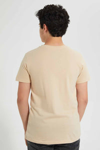 Redtag-Beige-Jacquard-Henley-T-Shirt-Henley-T-Shirts-Senior-Boys-9 to 14 Years