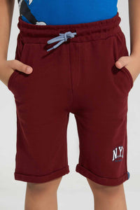 Redtag-Burgundy-Pique-Knit-Short-Active-Shorts-Boys-2 to 8 Years