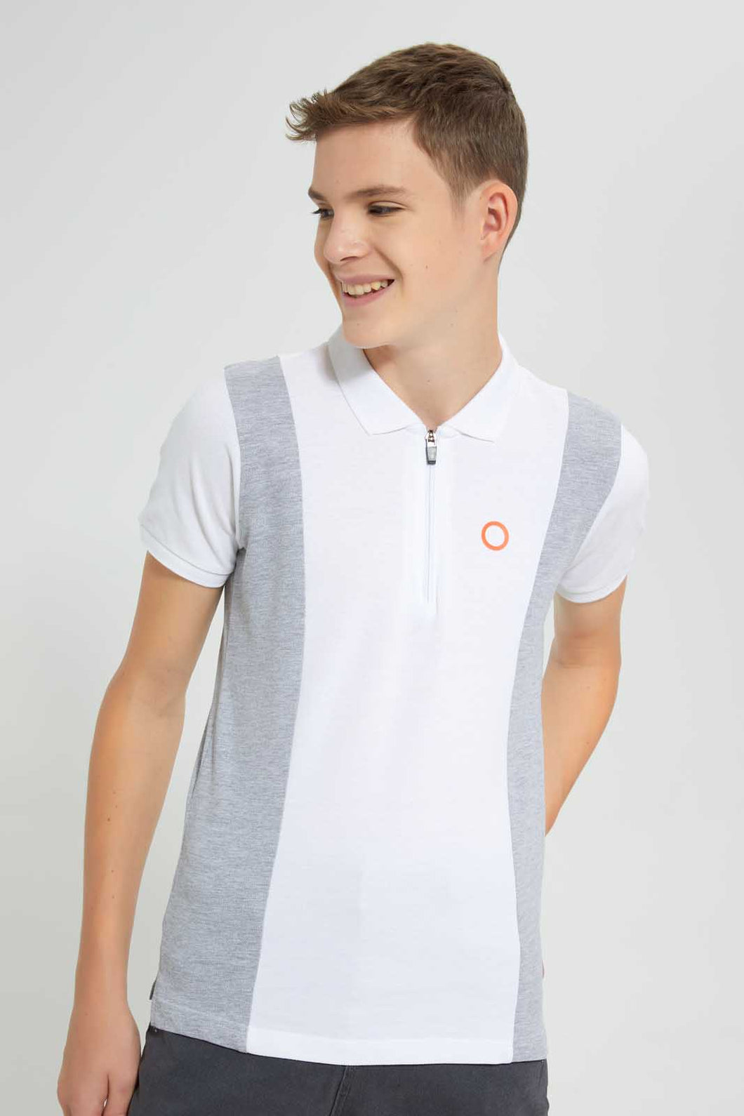 Redtag-White-/Grey-Melange-Color-Block-Zip-Placket-Polo-Polo-Shirts-Senior-Boys-9 to 14 Years