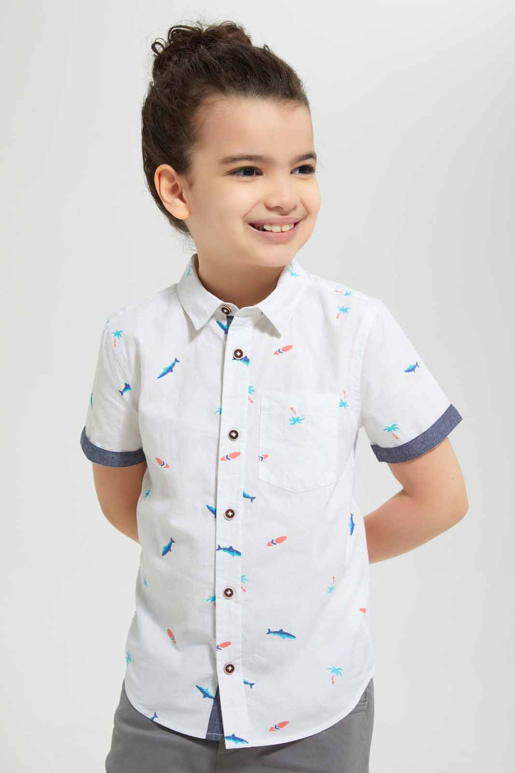 Redtag-Blue-Dino-Aop-Short-Sleeve-Shirt-Casual-Shirts-Boys-2 to 8 Years