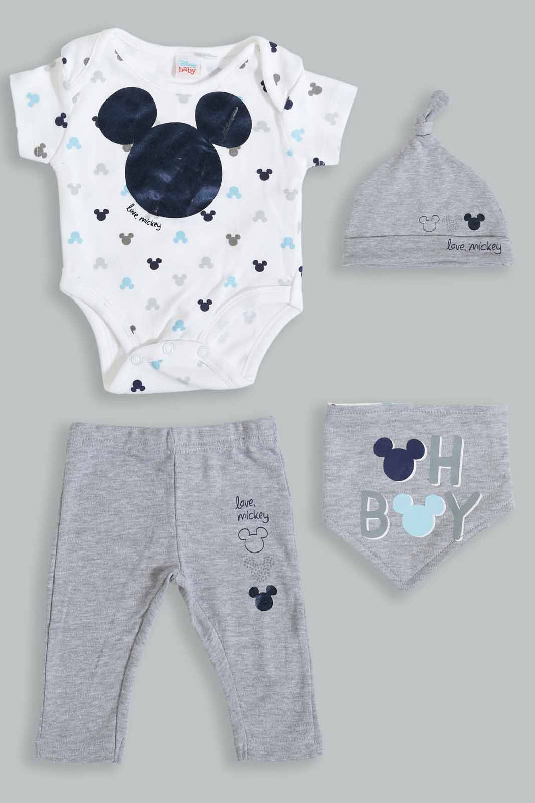 Redtag-Grey-And-White-Mickey-Mouse-4-Piece-Pack-Gift-Box-Gift-Sets-Baby-0 to 12 Months