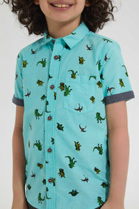 Redtag-Light-Blue-Dino-Aop-Short-Sleeve-Shirt-Casual-Shirts-Boys-2 to 8 Years