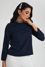 Load image into Gallery viewer, Redtag-Navy-Embellished-Neck-Blouse-Blouses-Women&#39;s-
