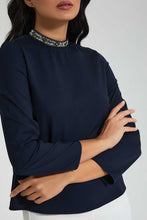 Load image into Gallery viewer, Redtag-Navy-Embellished-Neck-Blouse-Blouses-Women&#39;s-
