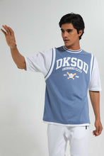 تنزيل الصورة على معرض الصور، Redtag-Sky-Blue-Oversized-T-Shirt-With-Mock-White-Sleeves-T-Shirts-Men&#39;s-
