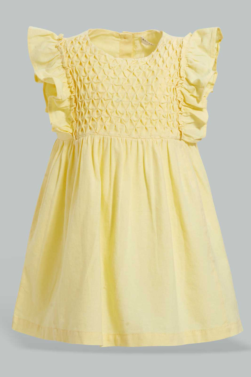 Redtag-Yellow-Smocking-Yoke-Flutter-Sleeves-Dress-Dresses-Infant-Girls-3 to 24 Months
