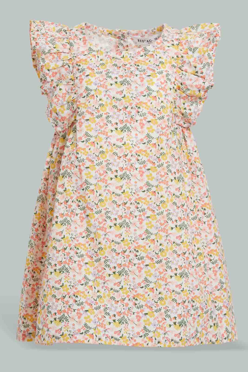 Redtag-Multi-Colour-Floral-Printed-Flutter-Sleeves-Dress-Dresses-Infant-Girls-3 to 24 Months