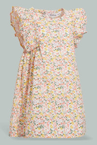 Redtag-Multi-Colour-Floral-Printed-Flutter-Sleeves-Dress-Dresses-Infant-Girls-3 to 24 Months
