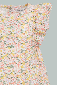 Redtag-Multi-Colour-Floral-Printed-Flutter-Sleeves-Dress-Dresses-Infant-Girls-3 to 24 Months