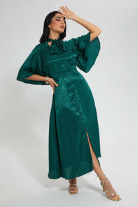 Redtag-Green-Tie-Neck-Short-Sleeve-Midi-Dress-Dresses-Women's-