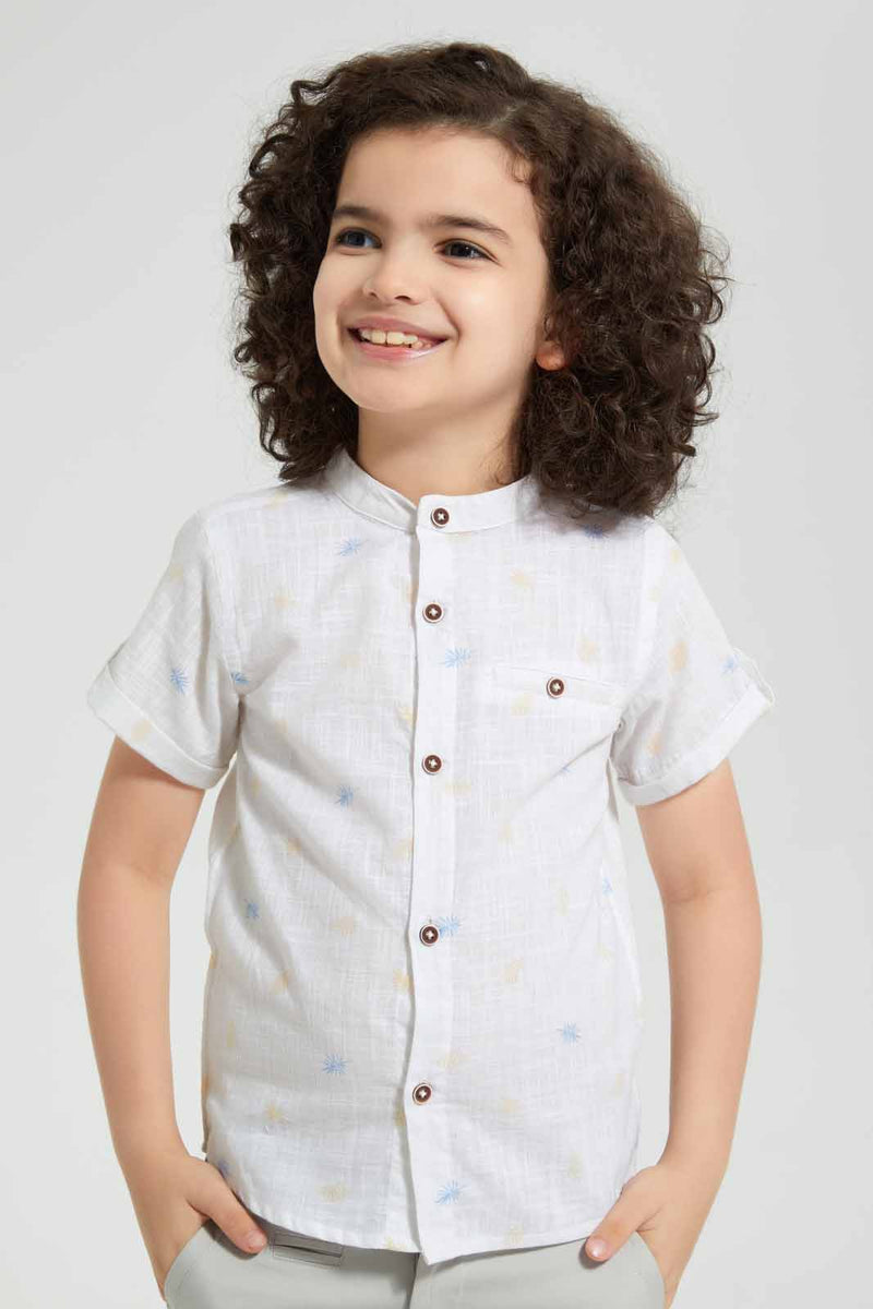 Redtag-White-Printed--Mandarin-Collar-Ss-Shirt-Casual-Shirts-Boys-2 to 8 Years