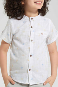 Redtag-White-Printed--Mandarin-Collar-Ss-Shirt-Casual-Shirts-Boys-2 to 8 Years