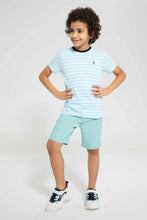 تنزيل الصورة على معرض الصور، Redtag-2-Pk-Navy-And-Mint-Stripe-T-Shirt-Graphic-T-Shirts-Boys-2 to 8 Years
