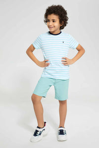 Redtag-2-Pk-Navy-And-Mint-Stripe-T-Shirt-Graphic-T-Shirts-Boys-2 to 8 Years