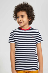 Redtag-2-Pk-Navy-And-Mint-Stripe-T-Shirt-Graphic-T-Shirts-Boys-2 to 8 Years