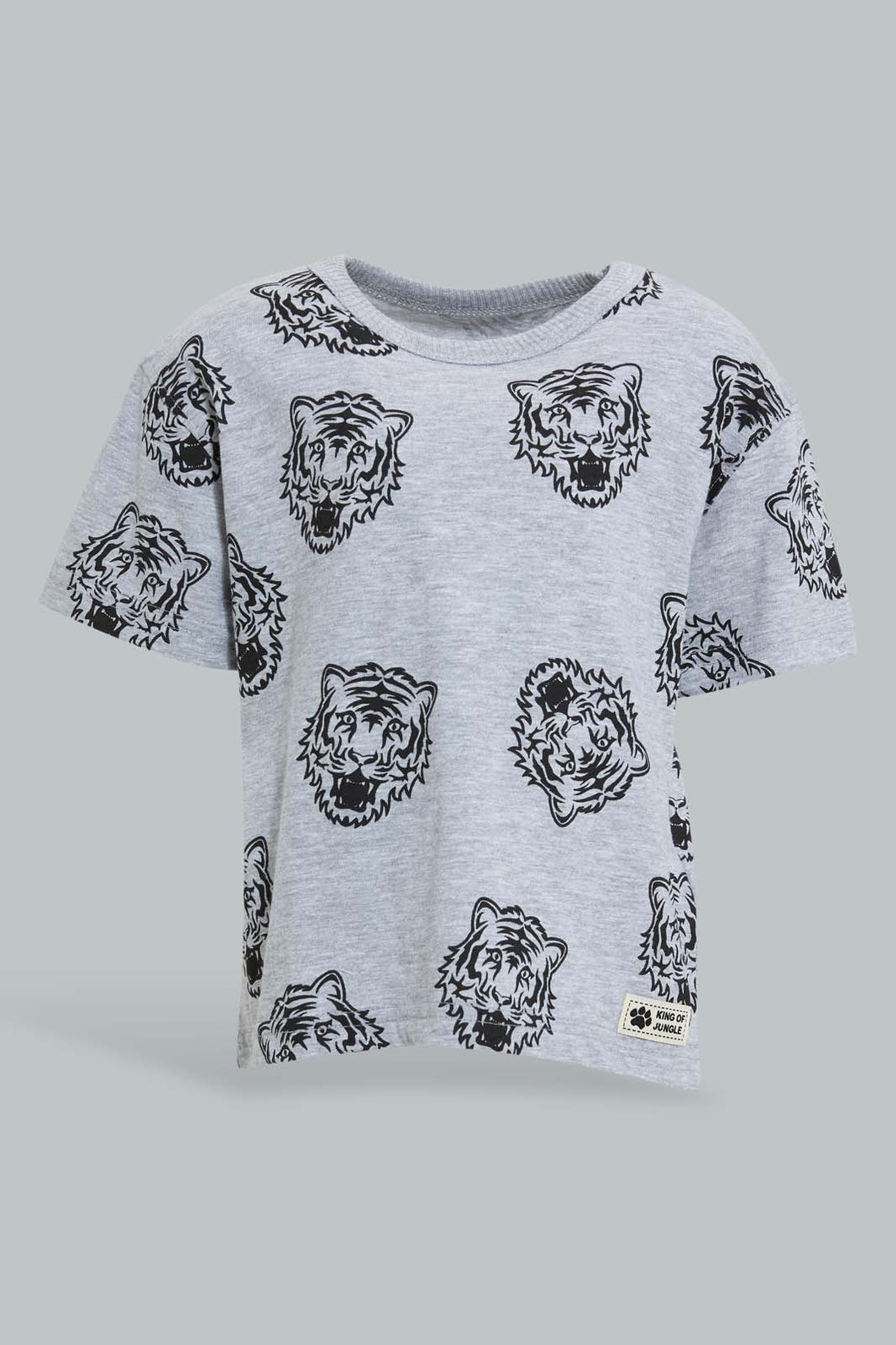 Redtag-Grey-And-Black-Tiger-Printed-Ss-T-Shirt-All-Over-Prints-Infant-Boys-3 to 24 Months