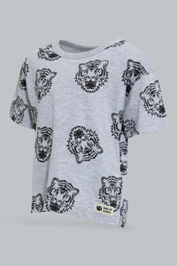 Redtag-Grey-And-Black-Tiger-Printed-Ss-T-Shirt-All-Over-Prints-Infant-Boys-3 to 24 Months