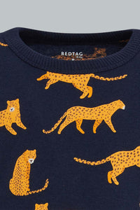 Redtag-Navy-And-Maroon-Tiger-Printed-Ss-T-Shirt-All-Over-Prints-Infant-Boys-3 to 24 Months