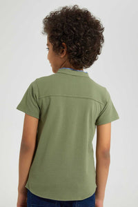 Redtag-Olive--Dobby-Short-Sleeve:Dark-Green:2-3-Years-Casual-Shirts-Boys-2 to 8 Years